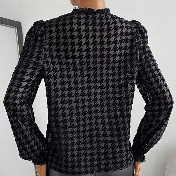 Houndstooth Print Tie Neck Flare Sleeve Top Black - Picture 3 of 5